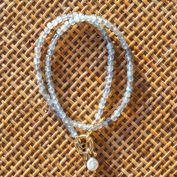 Labradorite Gemstone Necklace Gold Toggle Clasp Removable Pearl beaded gift her - Picture 9 of 11